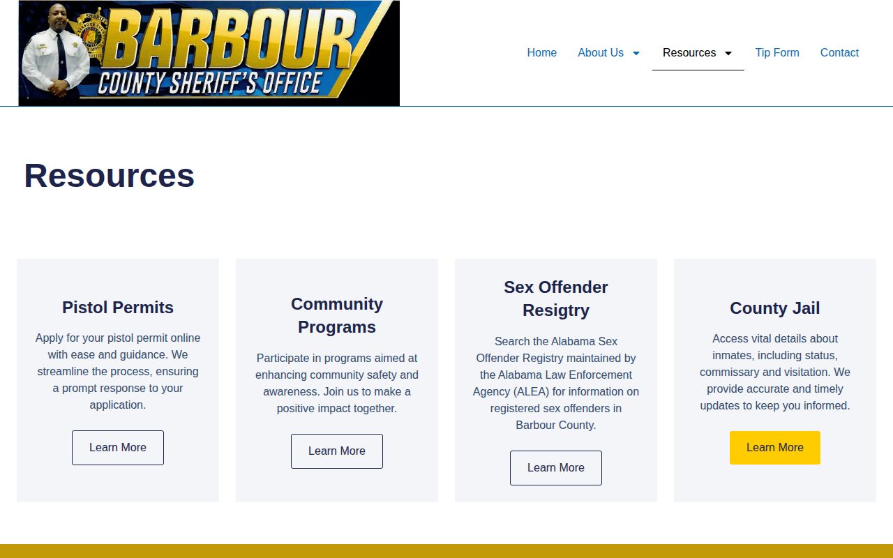 Barbour County Sheriff’s Resources page showing the County Jail resource