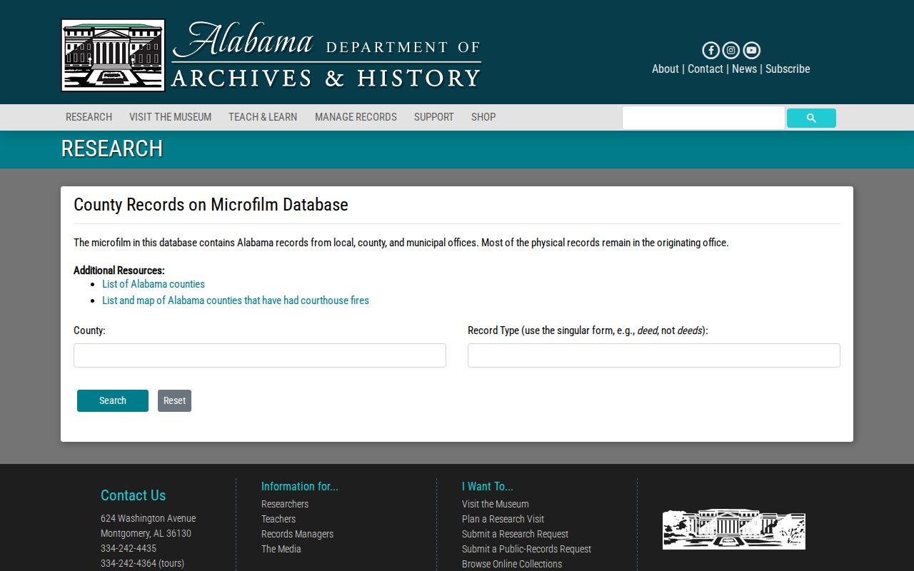 Alabama Department of Archives and History County Records on Microfilm Database search screen