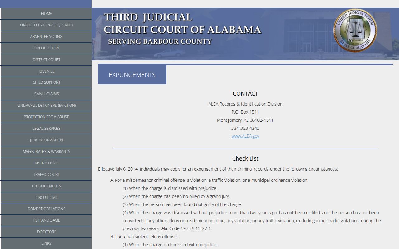 Barbour County court expungement guidance page