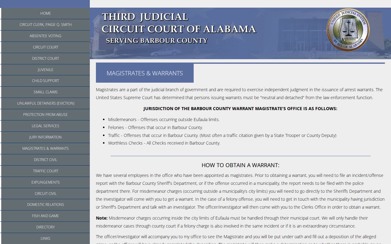 Barbour County Magistrates and Warrants official procedure page