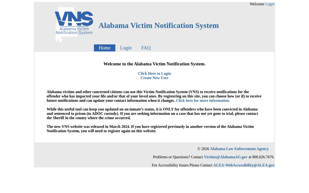 Alabama Victim Notification System home page showing login, registration, and ADOC custody scope