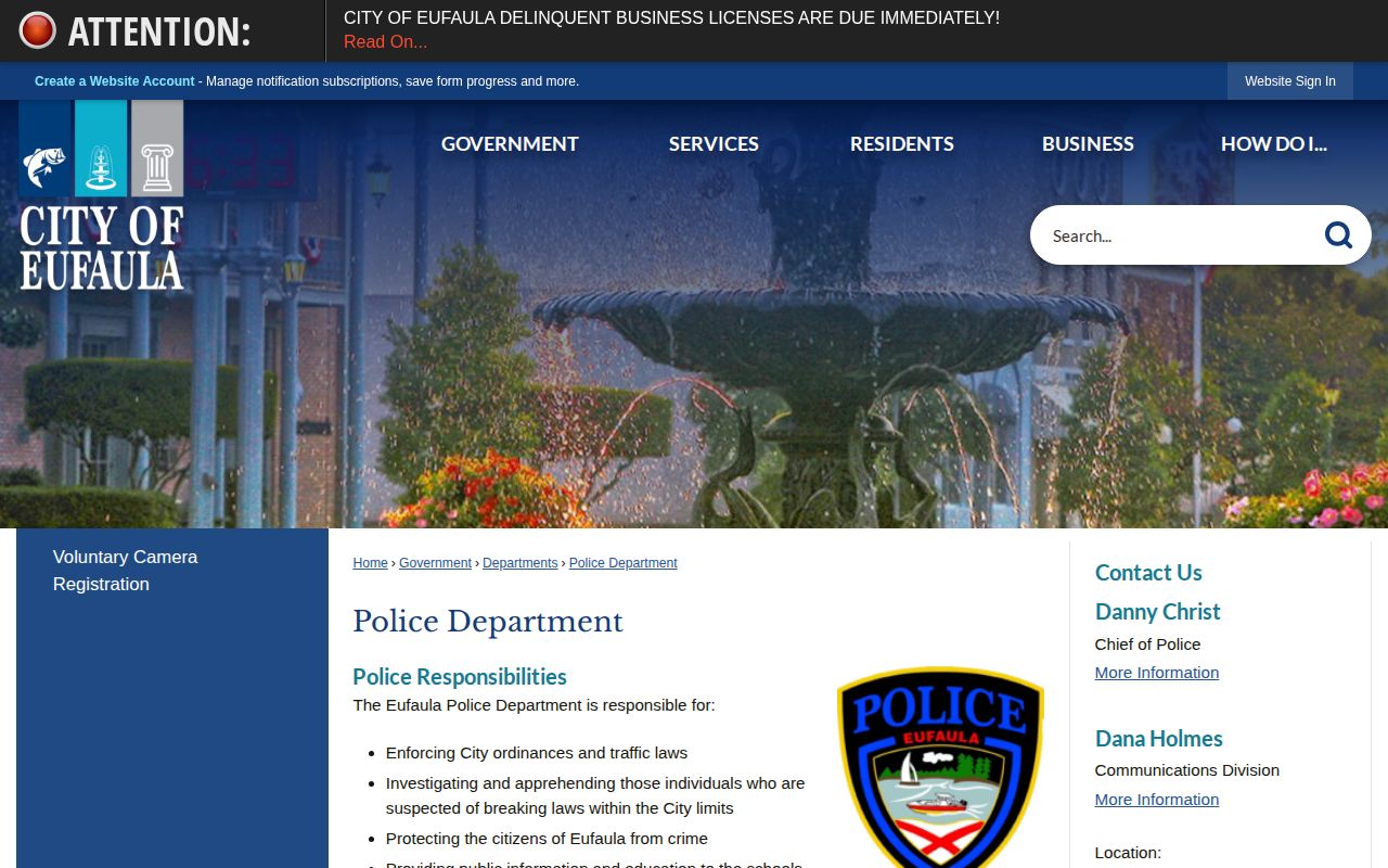 Eufaula Police Department official page for Eufaula arrest-record contact